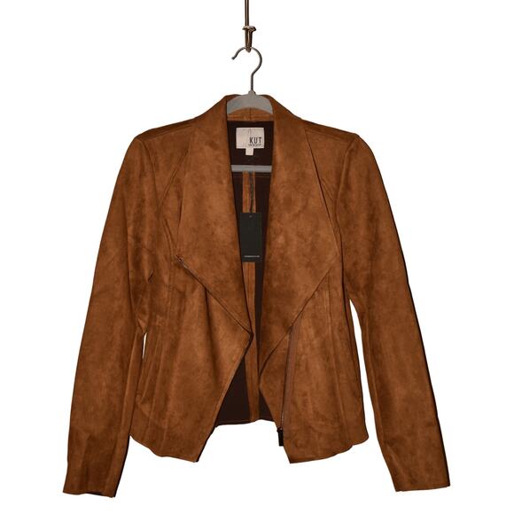 KUT FROM THE KLOTH NEW $89 Carina Faux Suede Drape Moto Jacket Brandy XS - Picture 1 of 7